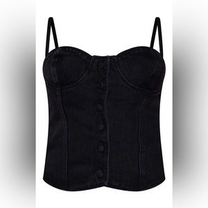 Washed Black Cup Detail Button Front Denim Corset Top